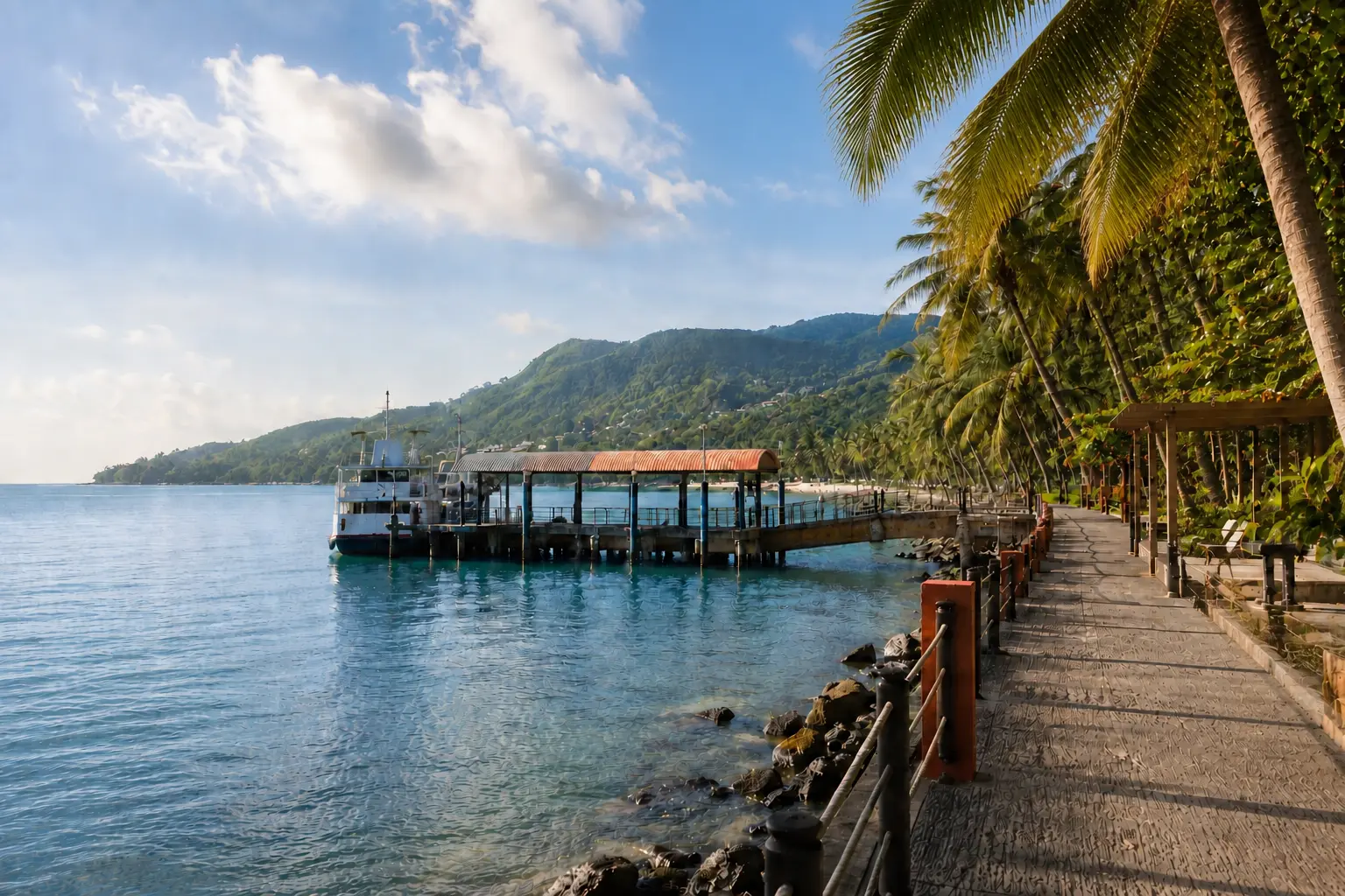 A quiet tropical island ferry pier beside a shaded waterfront path